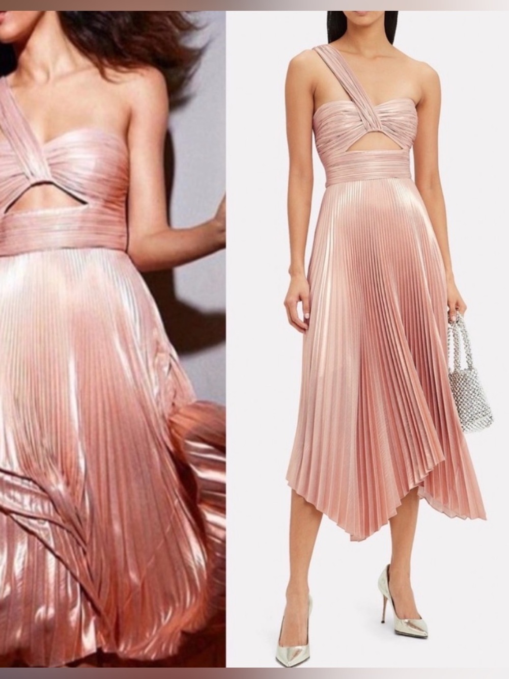 A.L.C. Women's Pink Rose Gold Aurora Pleated One Shoulder
Midi Dress Size XS